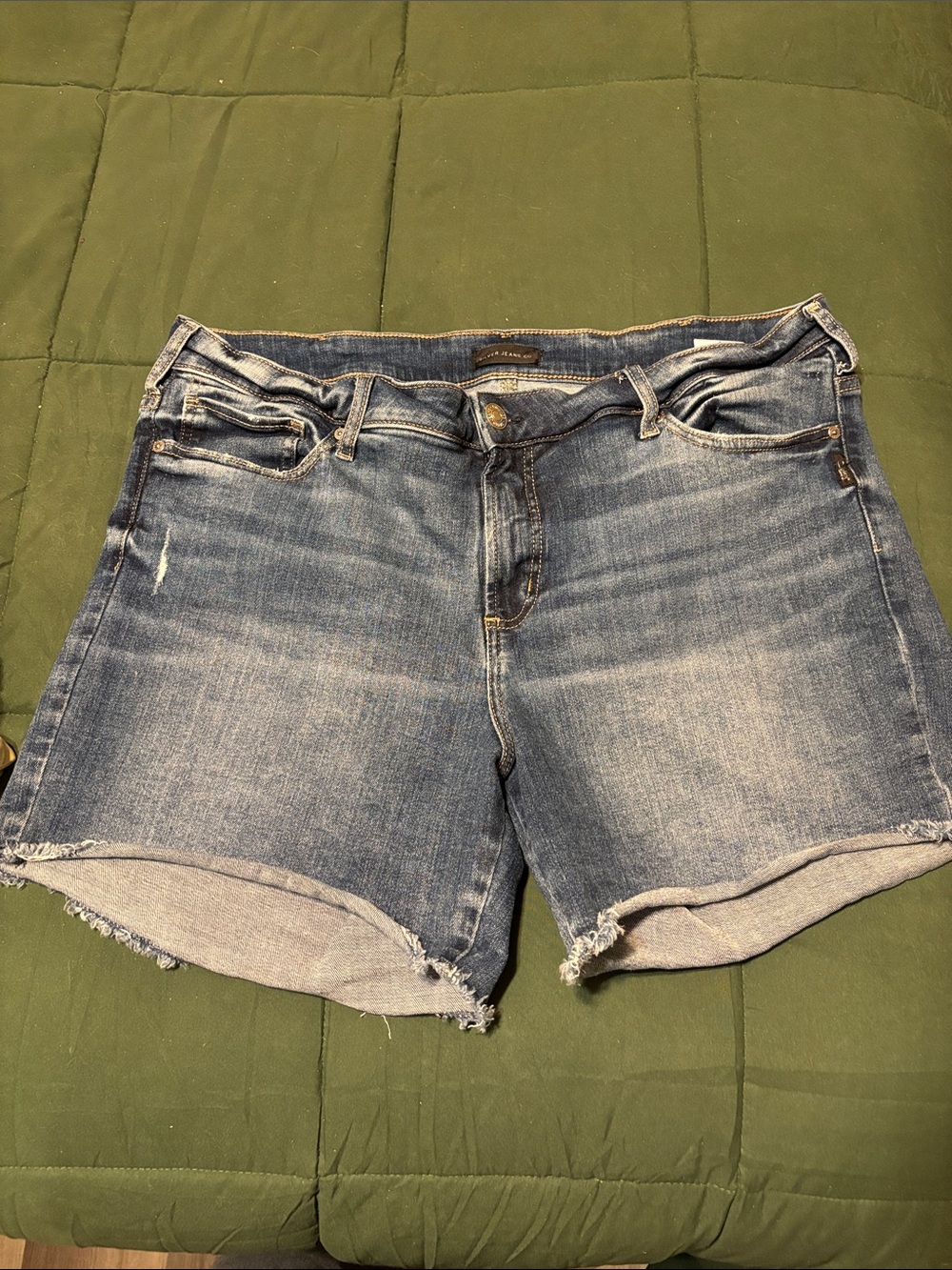 Silver Jeans Blue Denim Cutoff Shorts with factory frayed hems and distress 18